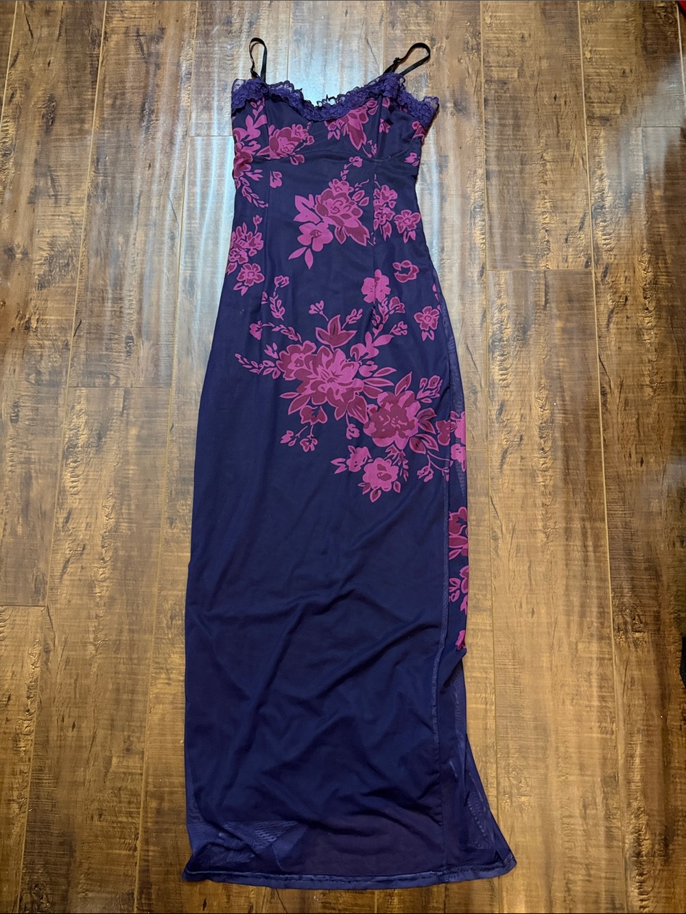 Dark Purple Homecoming Slip Dress with Pink Floral Print
